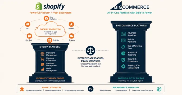 BigCommerce vs Shopify showing ecosystem approach versus built-in features