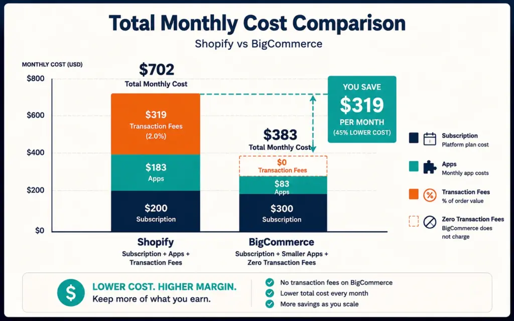 Total platform cost comparison highlighting transaction fee savings on BigCommerce