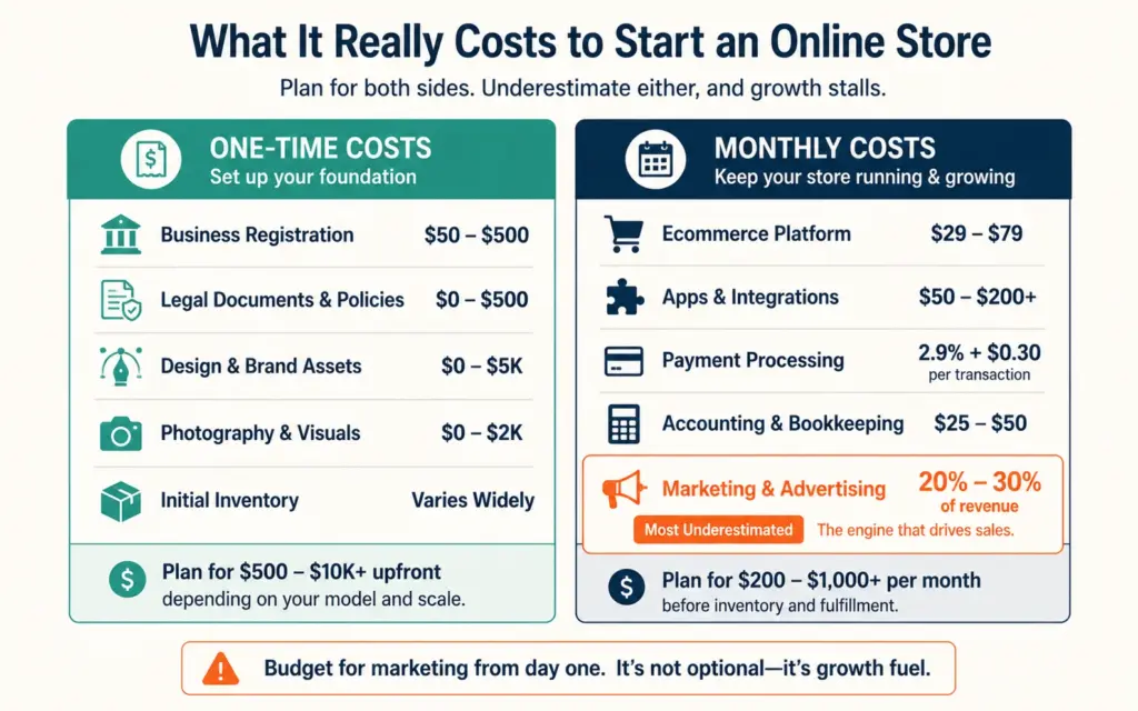 Ecommerce launch cost breakdown separating one-time startup costs from recurring monthly expenses