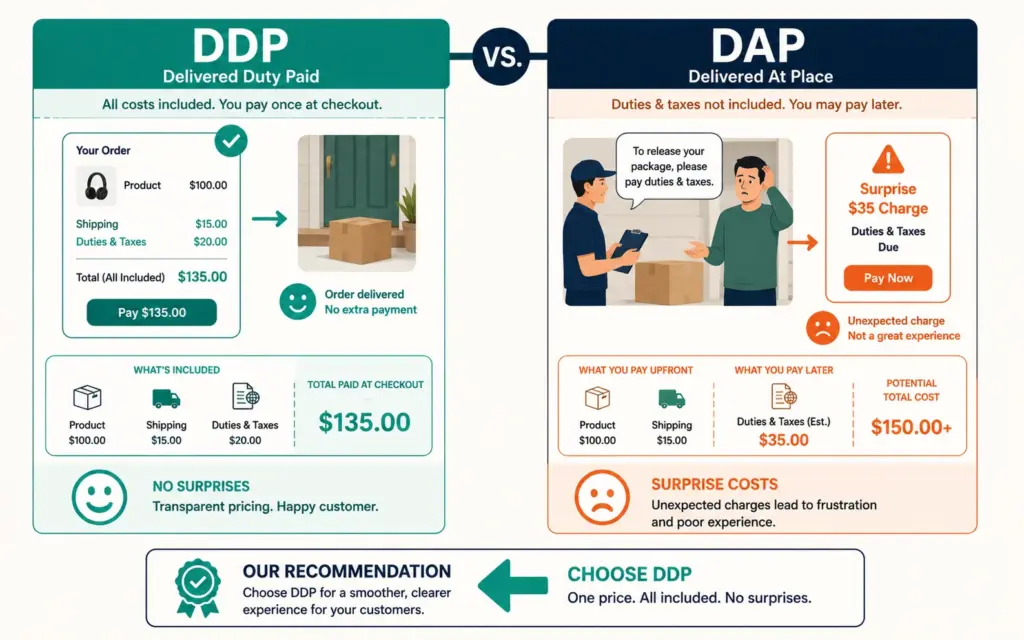 DDP versus DAP shipping comparison showing included duties at checkout versus surprise charges at delivery