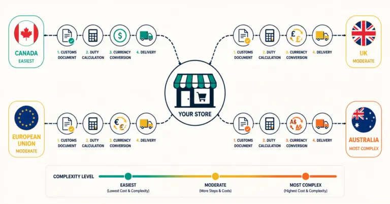 Cross-border ecommerce shipping routes from central store to four markets with customs and duty checkpoints