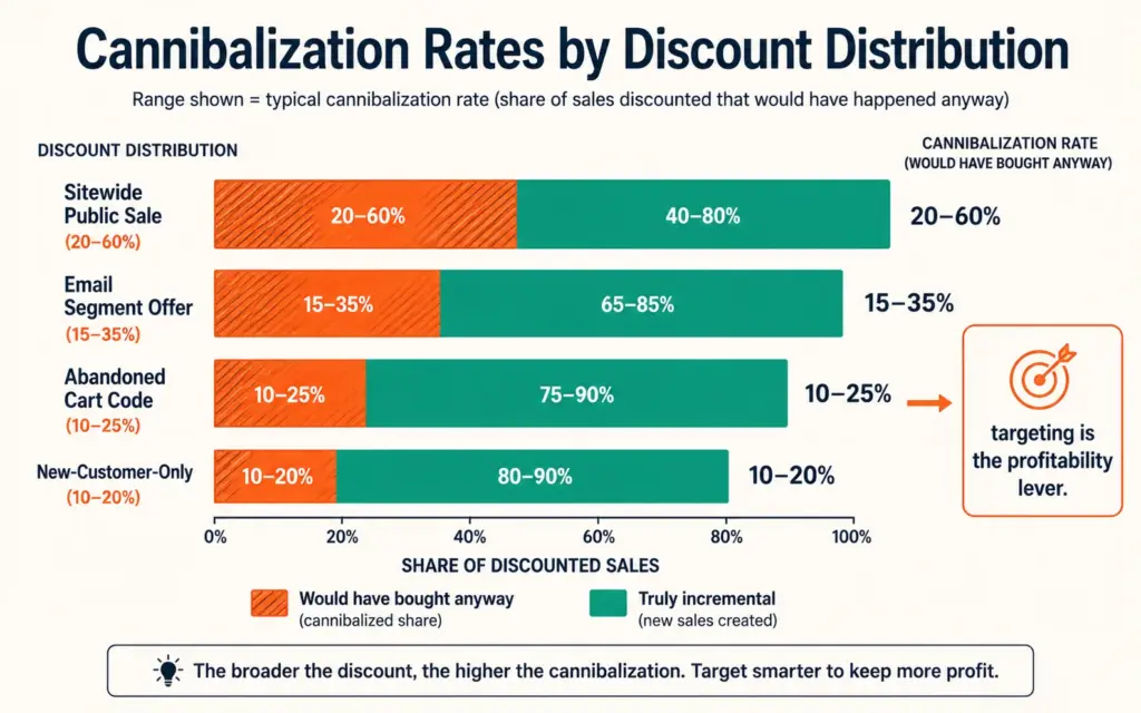 Cannibalization rates by discount distribution from sitewide sales to targeted new-customer codes