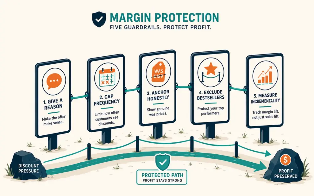 Five discount guardrails protecting margin: reason, frequency cap, honest anchoring, bestseller exclusion, incrementality measurement
