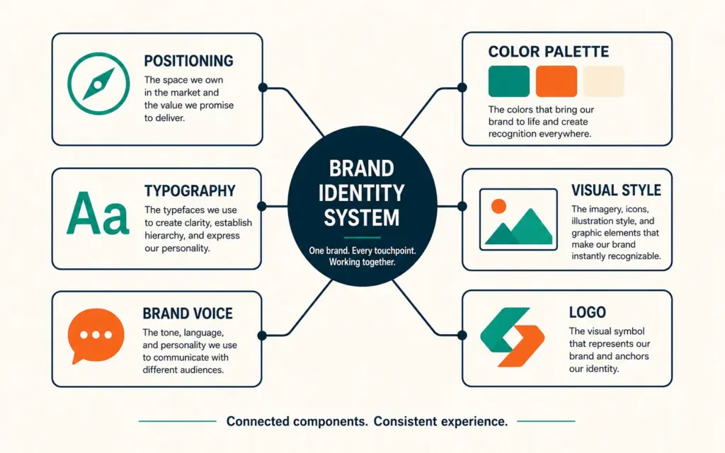 Brand identity system showing positioning, color, typography, visual style, voice, and logo as one connected whole