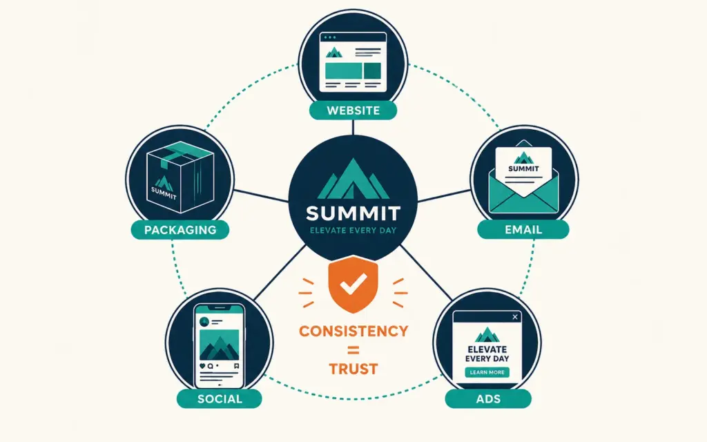 One brand identity applied consistently across website, packaging, email, social, and ads touchpoints