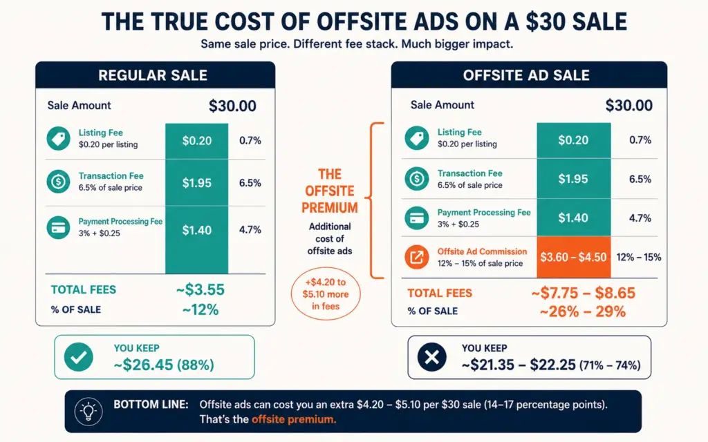 Fee comparison on a thirty dollar Etsy sale with and without offsite ad commission
