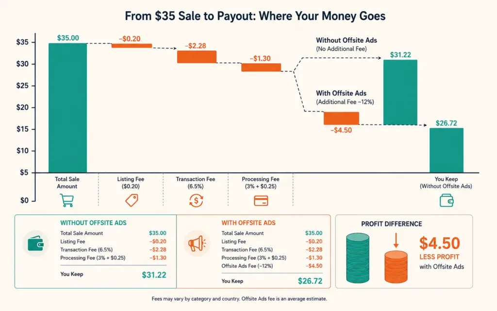 Etsy fee waterfall showing $35 sale reducing to $31 or $27 depending on Offsite Ads