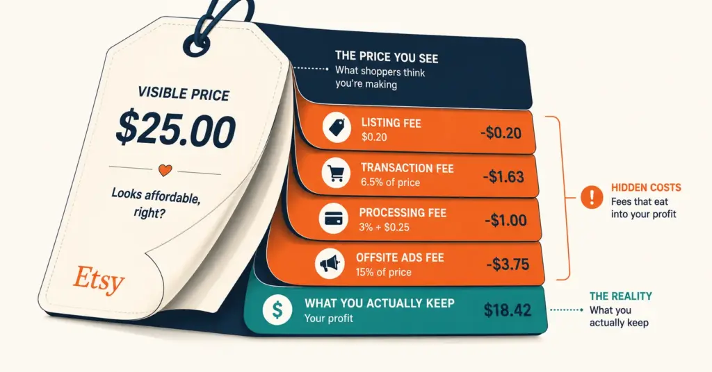 Etsy pricing layers revealing hidden fees beneath the visible product price