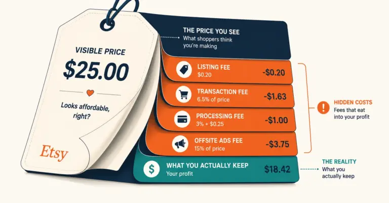 Etsy pricing layers revealing hidden fees beneath the visible product price