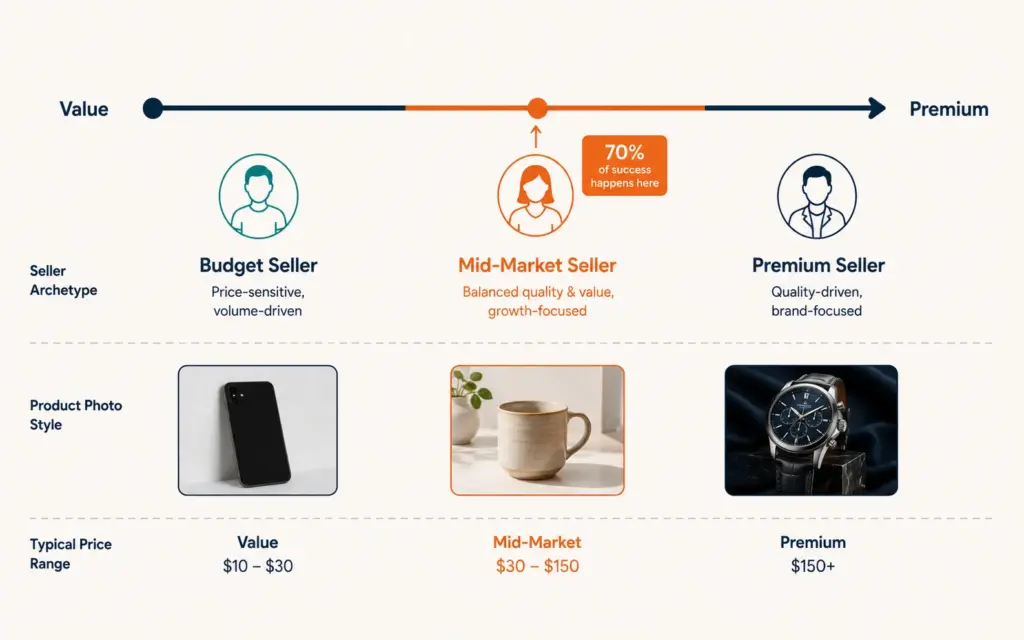 Etsy pricing positioning spectrum from value through mid-market to premium with visual quality indicators