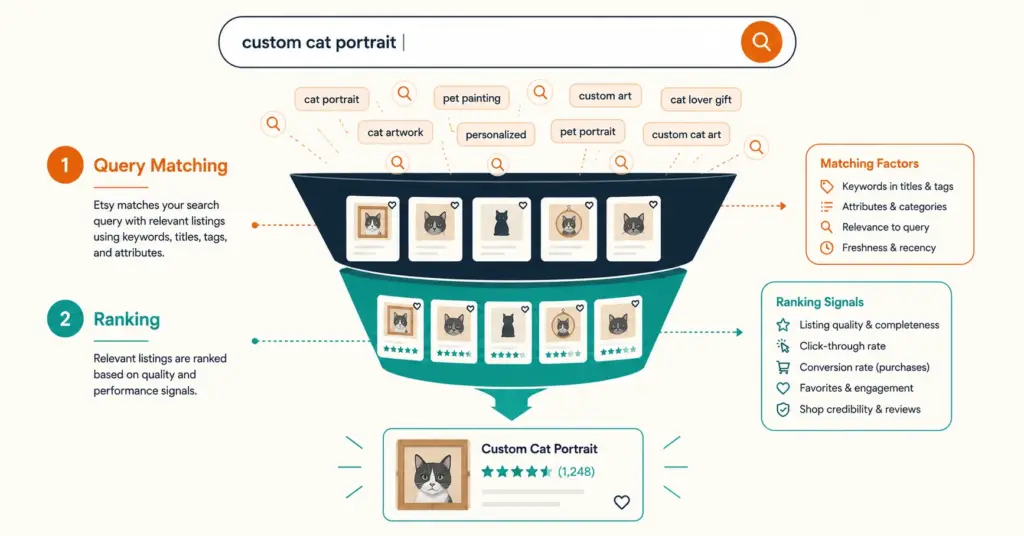 Etsy search algorithm showing query matching phase filtering into ranking phase with quality signals