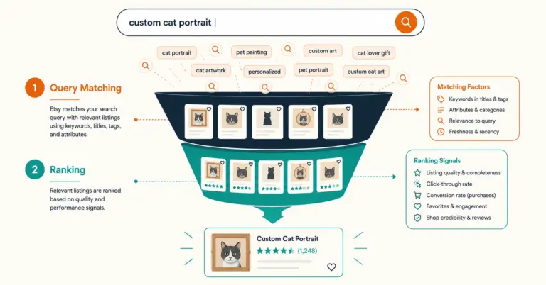 Etsy search algorithm showing query matching phase filtering into ranking phase with quality signals
