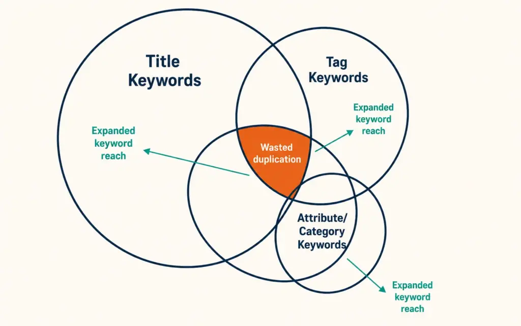 Keyword distribution map showing title, tag, and attribute zones with overlap highlighted as wasted space