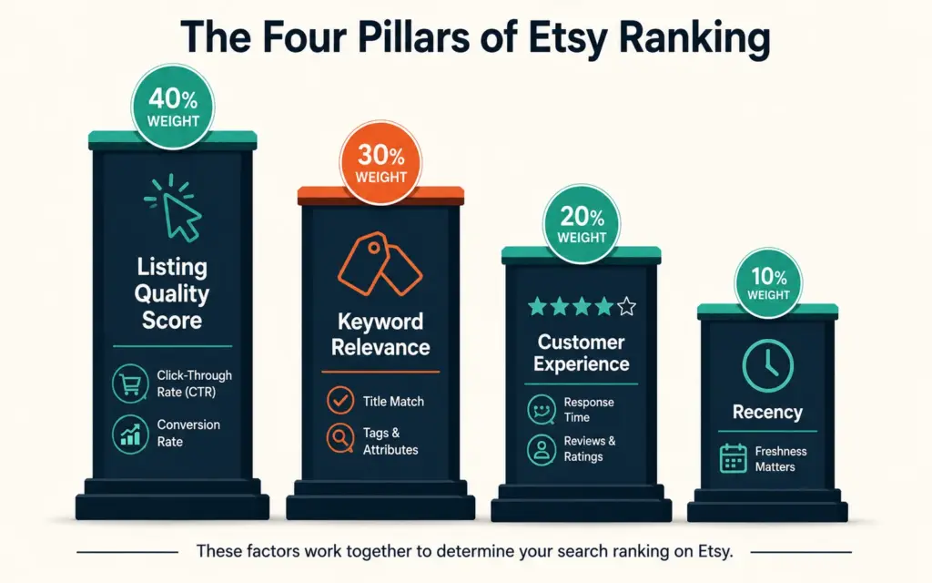 Four Etsy ranking factors as weighted pillars showing listing quality as the dominant signal