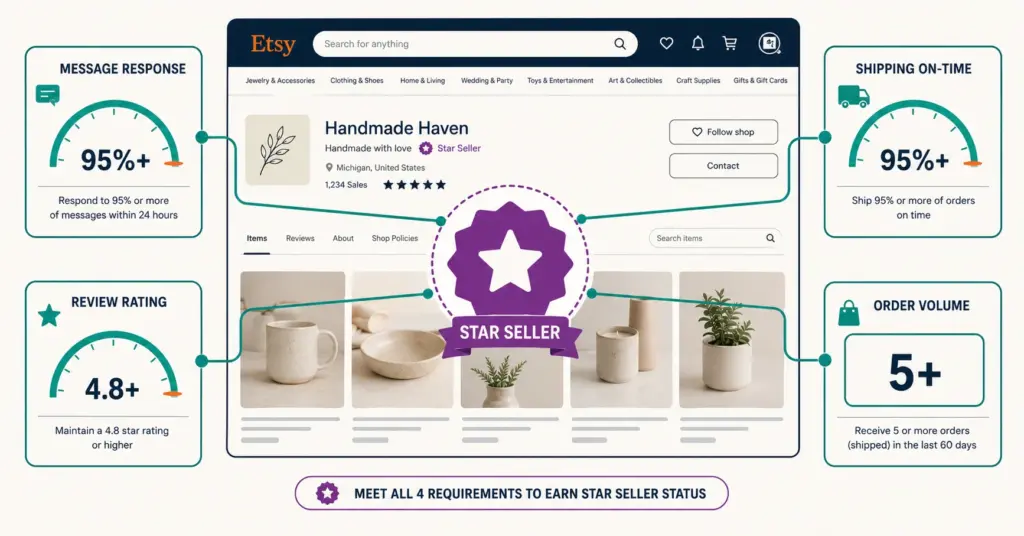 Etsy Star Seller badge surrounded by four qualifying metric gauges showing required thresholds