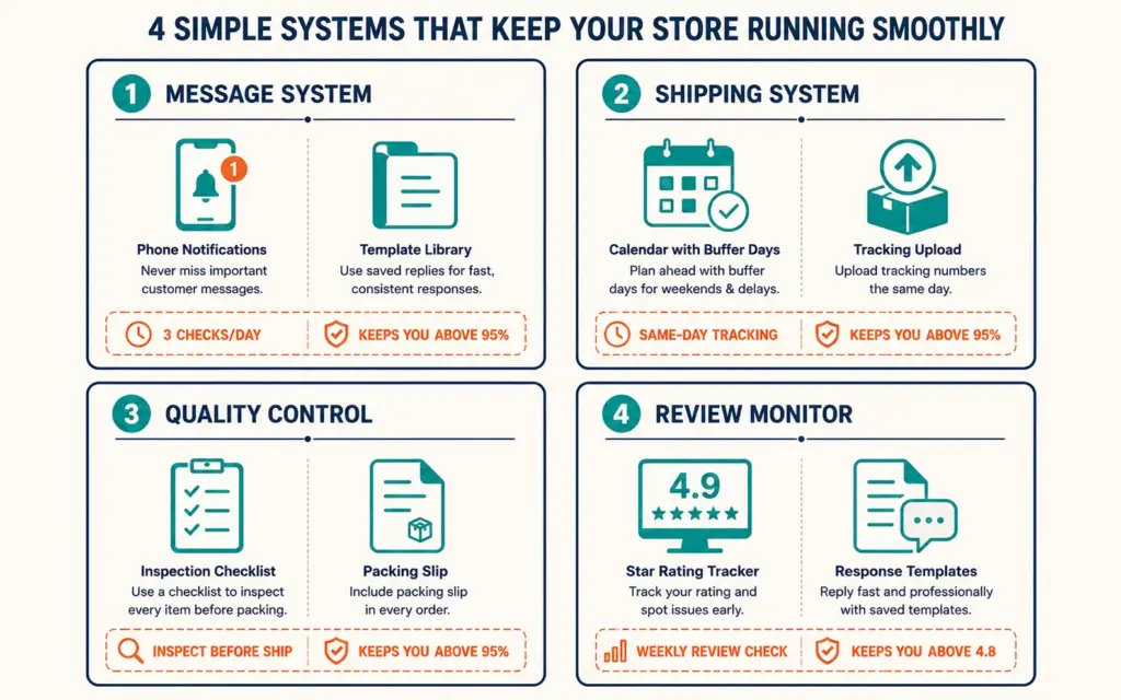 Four Star Seller maintenance systems: message management, shipping workflow, quality control, review monitoring