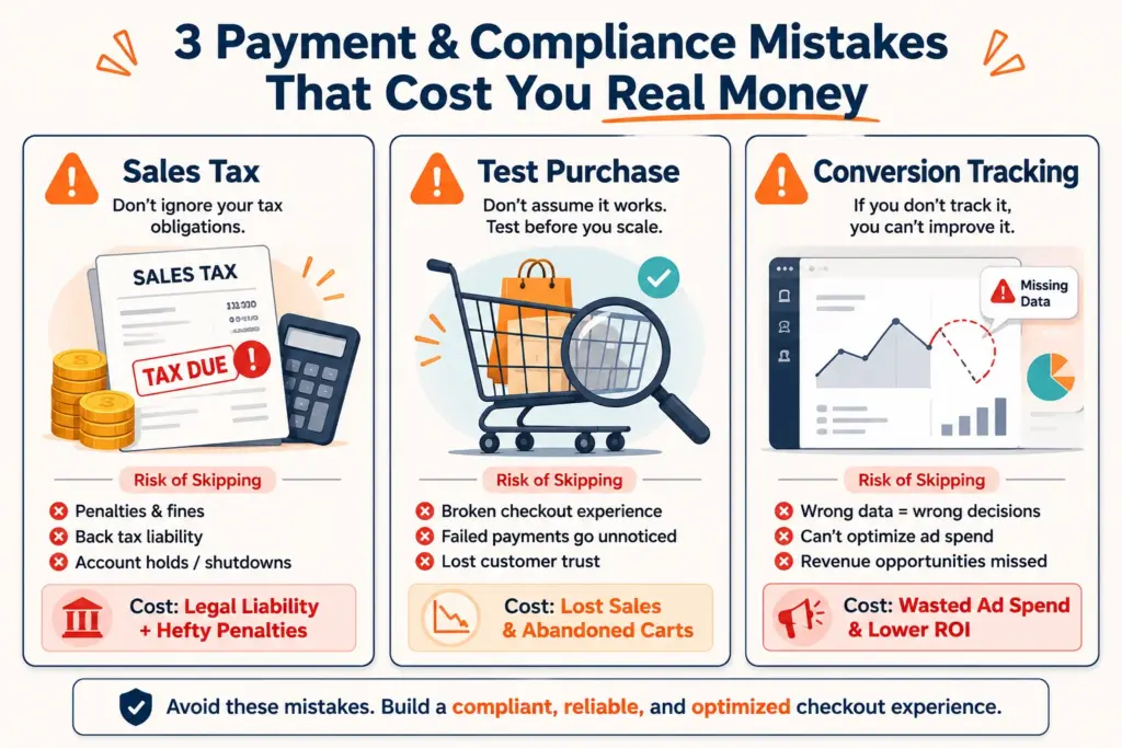 Three most commonly skipped launch steps with consequences: sales tax, test purchase, conversion tracking