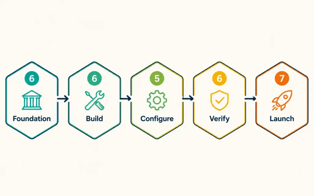Five launch phases as connected hexagons from Foundation through Build, Configure, Verify to Launch