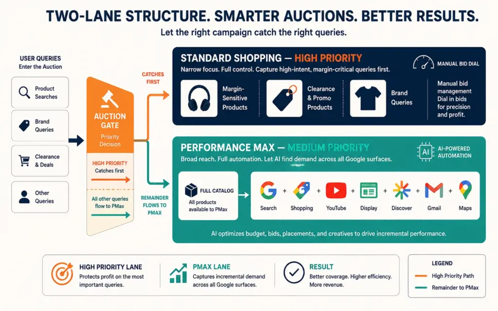 Hybrid Google Shopping structure with high-priority Standard Shopping and medium-priority Performance Max lanes