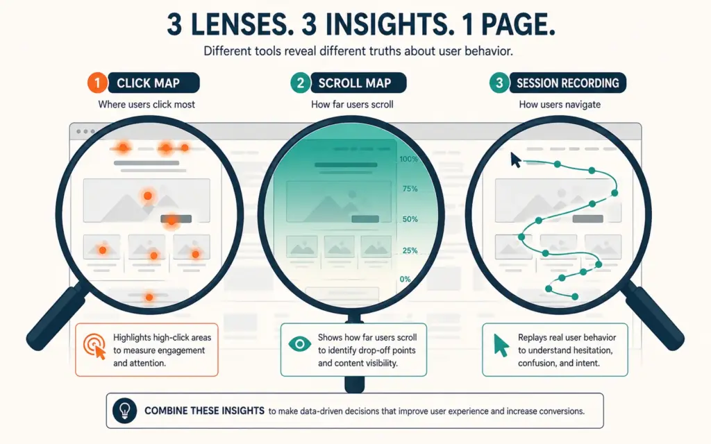 Three heatmap diagnostic lenses revealing different visitor behavior on the same page