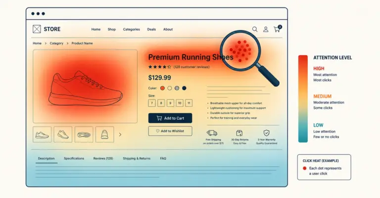 Product page heatmap overlay showing hot click zones fading to cold ignored areas