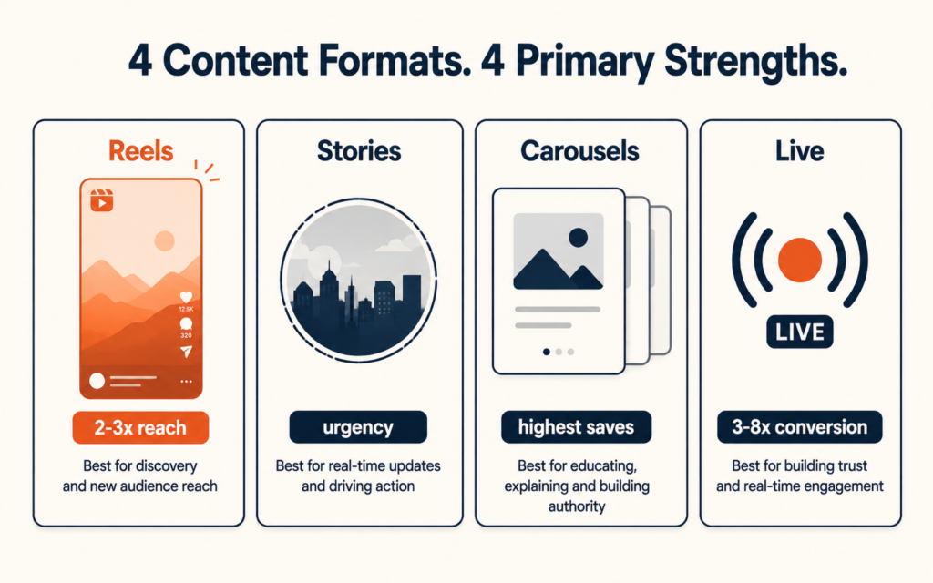 Four Instagram content formats compared with primary ecommerce strength