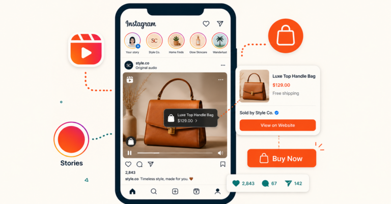 Instagram ecommerce interface showing product-tagged Reel with Shopping overlay