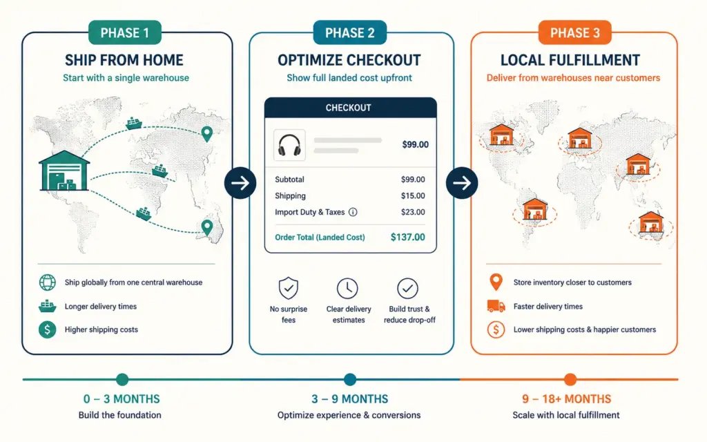 Three-phase international expansion from ship-from-home through checkout optimization to local fulfillment