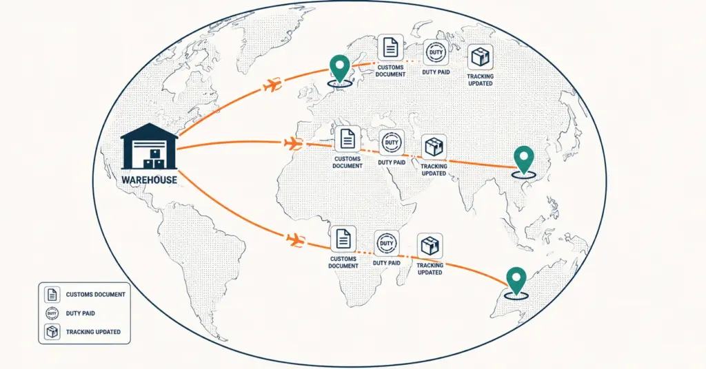 International ecommerce shipping routes connecting warehouse to global destinations with customs elements