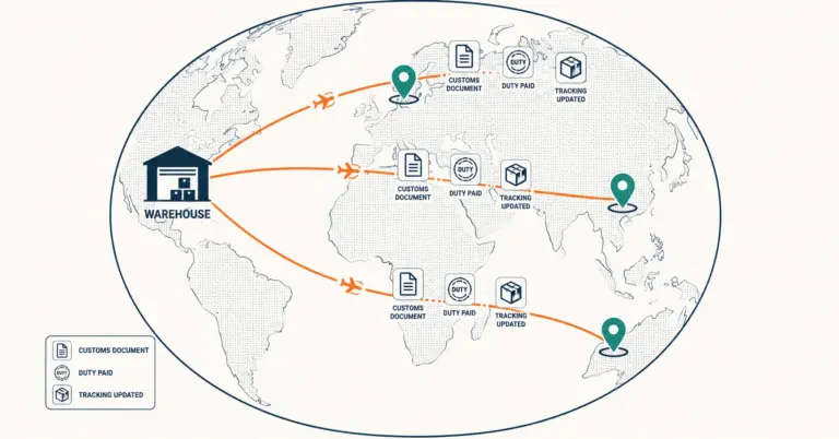 International ecommerce shipping routes connecting warehouse to global destinations with customs elements