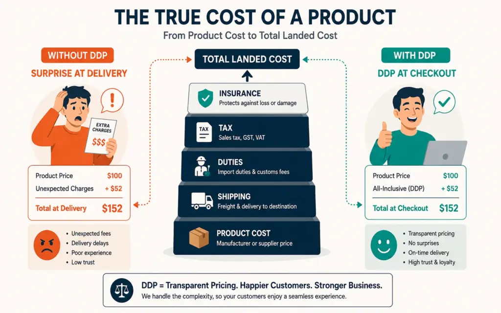 Landed cost stacking diagram comparing surprise delivery duties versus transparent DDP checkout