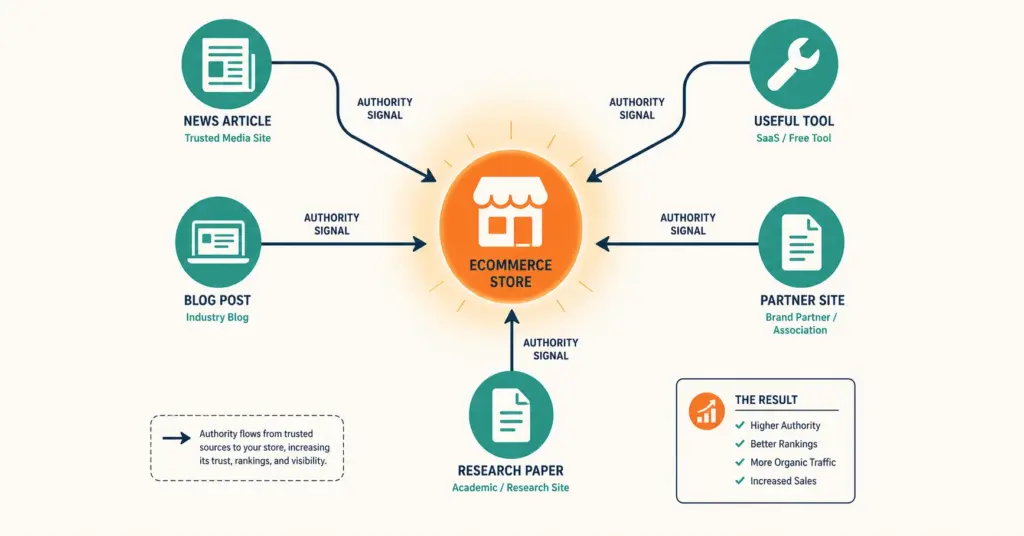 Link building network showing authority flowing from external sources into an ecommerce store