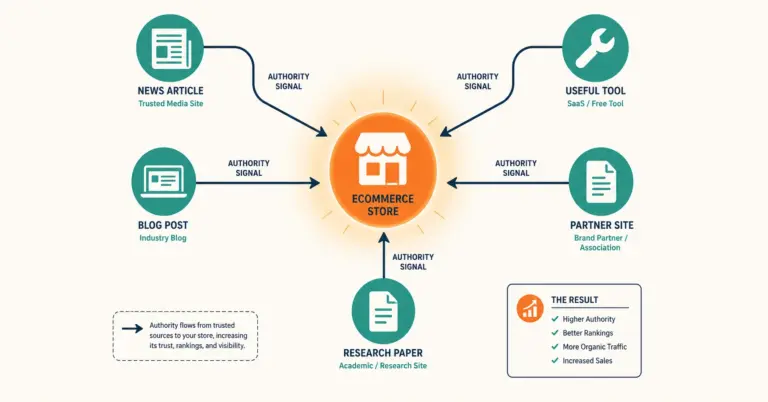 Link building network showing authority flowing from external sources into an ecommerce store