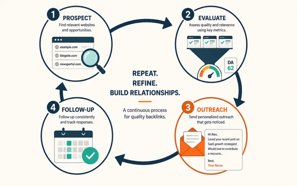 Link building outreach workflow showing prospect, evaluate, outreach, and follow-up stages