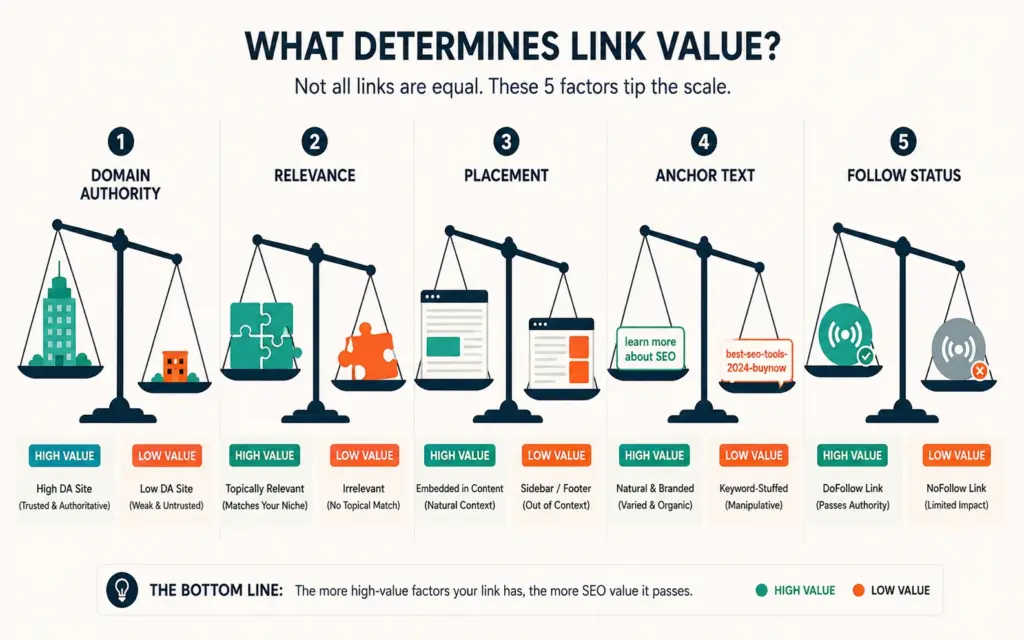 Five factors determining backlink value shown as quality scales from low to high