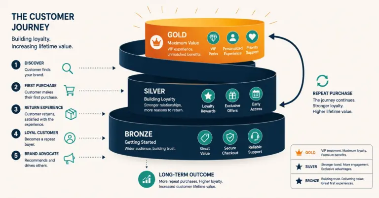 Loyalty tier spiral from Bronze through Silver to Gold with escalating benefits