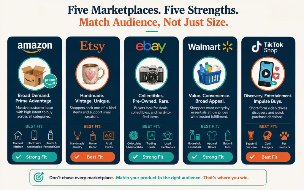 Five marketplaces matched to their best-fit product types by audience rather than size