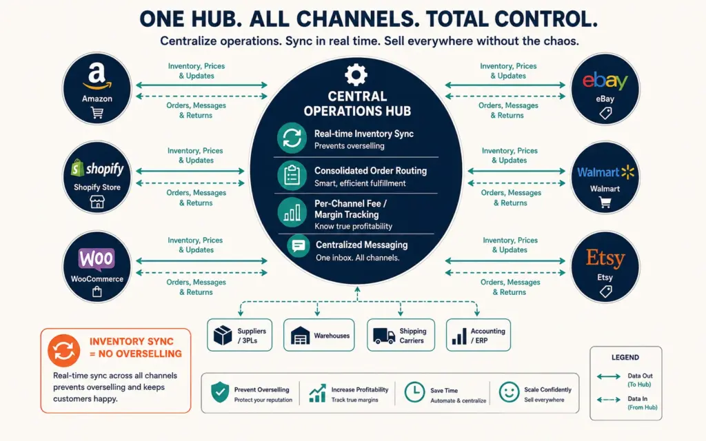 Central multichannel operations hub syncing inventory, routing orders, and tracking per-channel margins