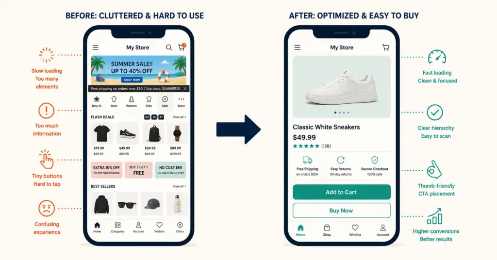 Before and after mobile store optimization showing friction points eliminated and conversion improved