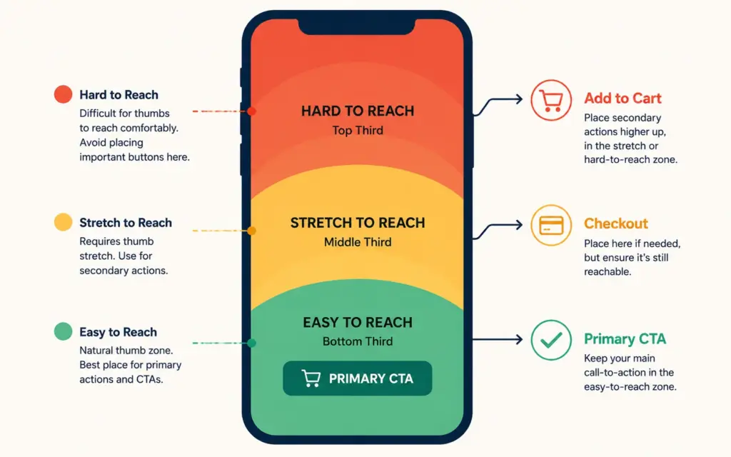 Mobile thumb reach zone map showing optimal placement for purchase buttons in the easy-reach bottom area