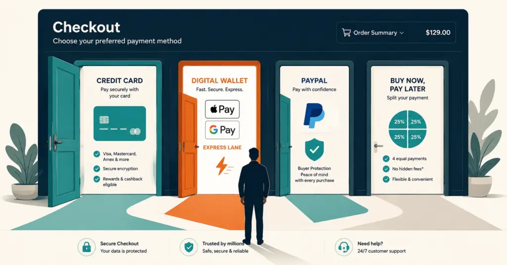 Four payment method pathways at ecommerce checkout showing credit card, wallet, PayPal, and BNPL options