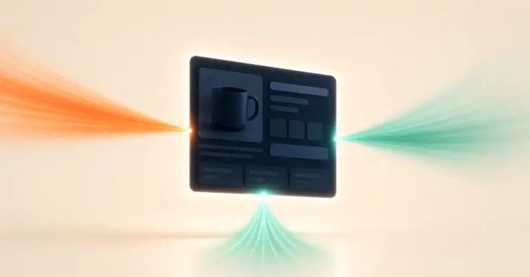 A product page illuminated by three light beams representing search, AI Overviews, and AI assistants