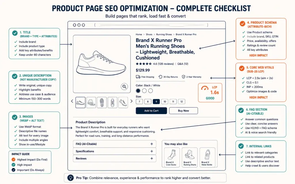 Product page optimization checklist covering title, description, schema, images, speed, FAQ, and internal links