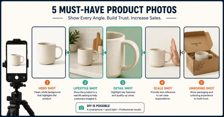 Five essential product photo types: hero, lifestyle, detail, scale, and packaging shots