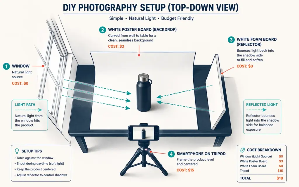 Top-down DIY product photography setup diagram showing window, backdrop, reflector, and tripod placement