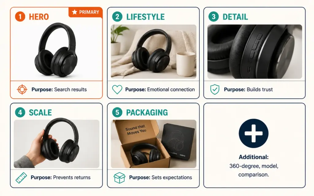 Five product photo types in a grid with purpose labels: search, emotion, trust, returns, expectations