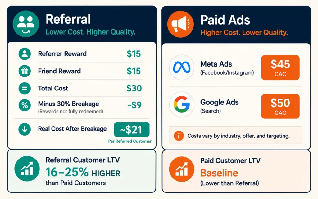 Referral versus paid advertising cost comparison with LTV premium of referred customers