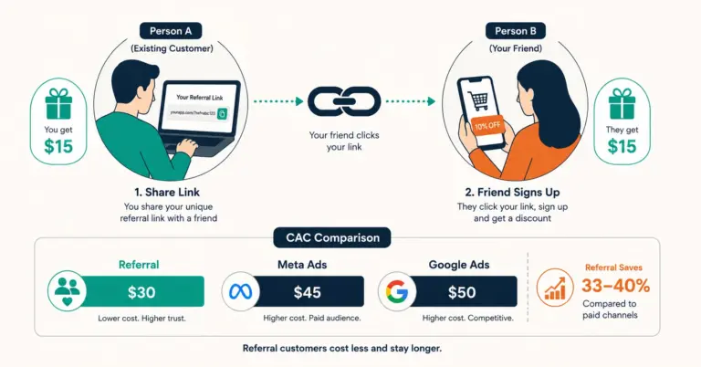 Dual-incentive referral flow showing Give $15 Get $15 with CAC comparison against paid channels