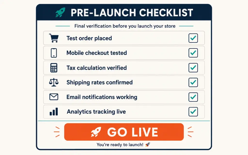 Shopify pre-launch verification checklist with six critical test items before going live