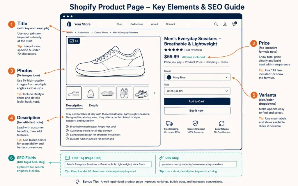 Shopify product page wireframe with annotated fields for title, price, photos, description, and SEO